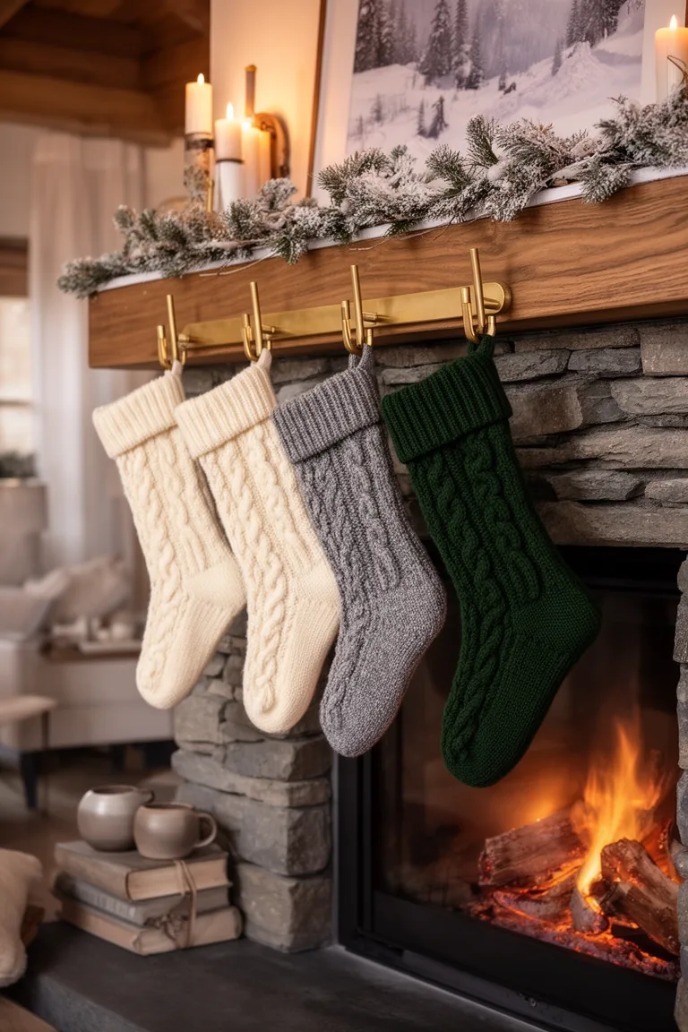 Tonal cable-knit and boucle stockings on brass hooks on a winter mantel