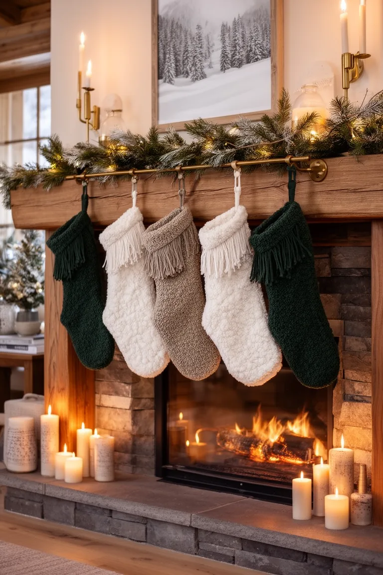 Linen and sherpa fringe stockings in soft wintery tones above a hearth
