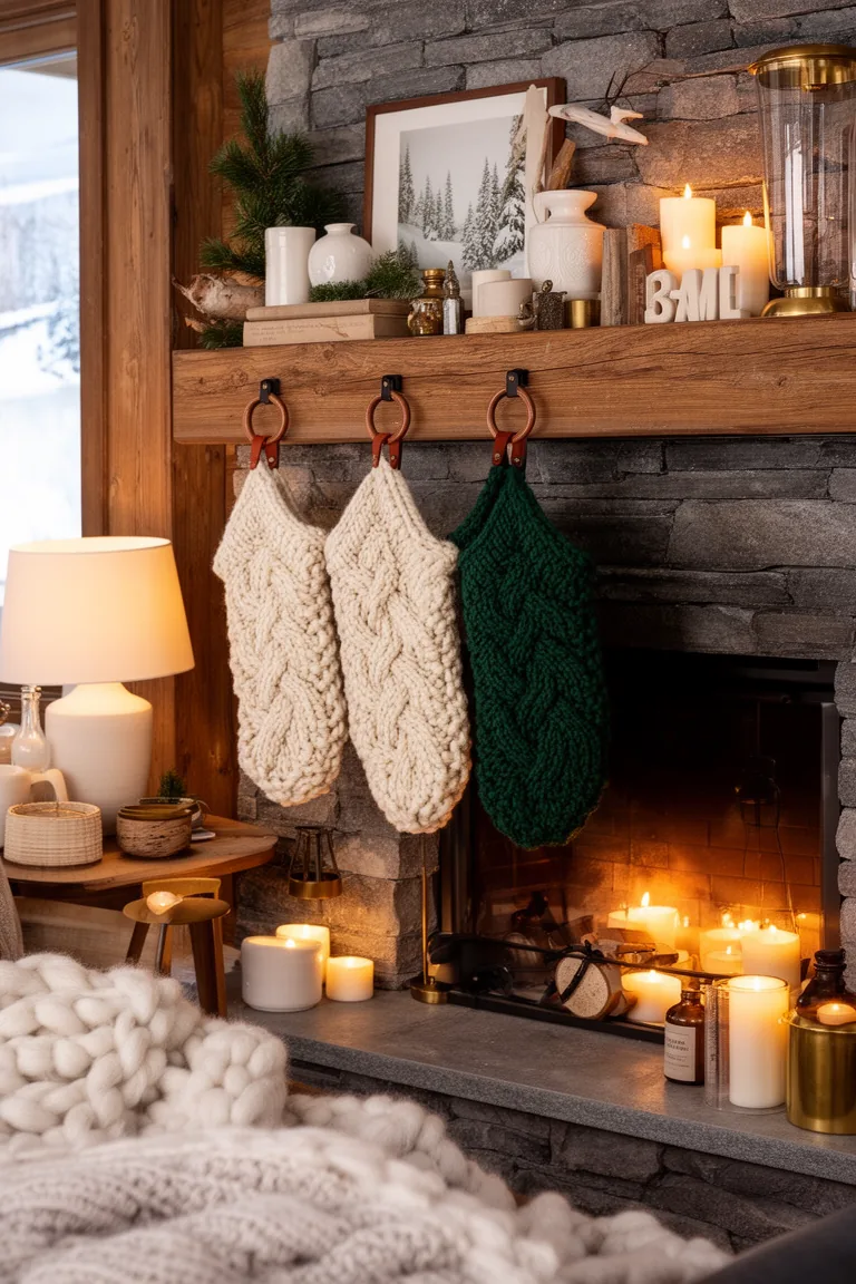 Three chunky knit stockings on leather loop hangers on a styled mantel