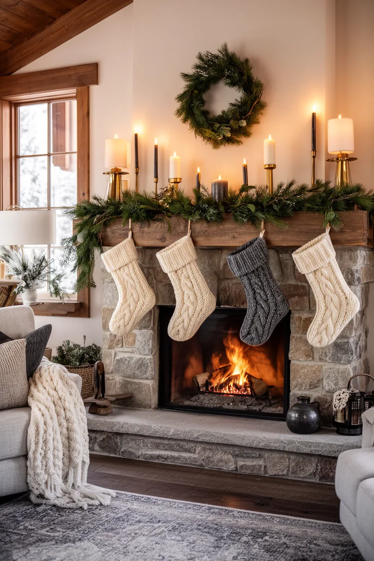Understated knit stockings styled with greenery and candles