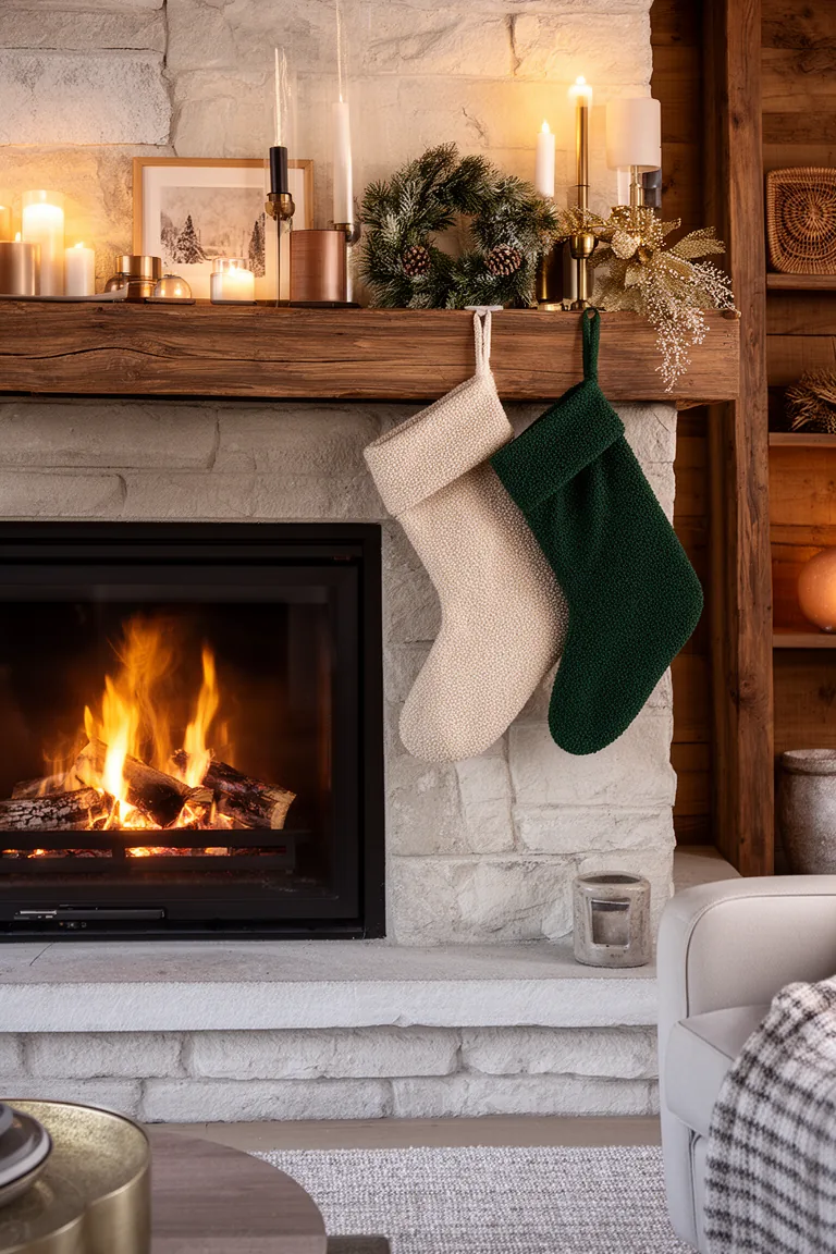 Oatmeal and deep green textured stockings beside a warm winter vignette