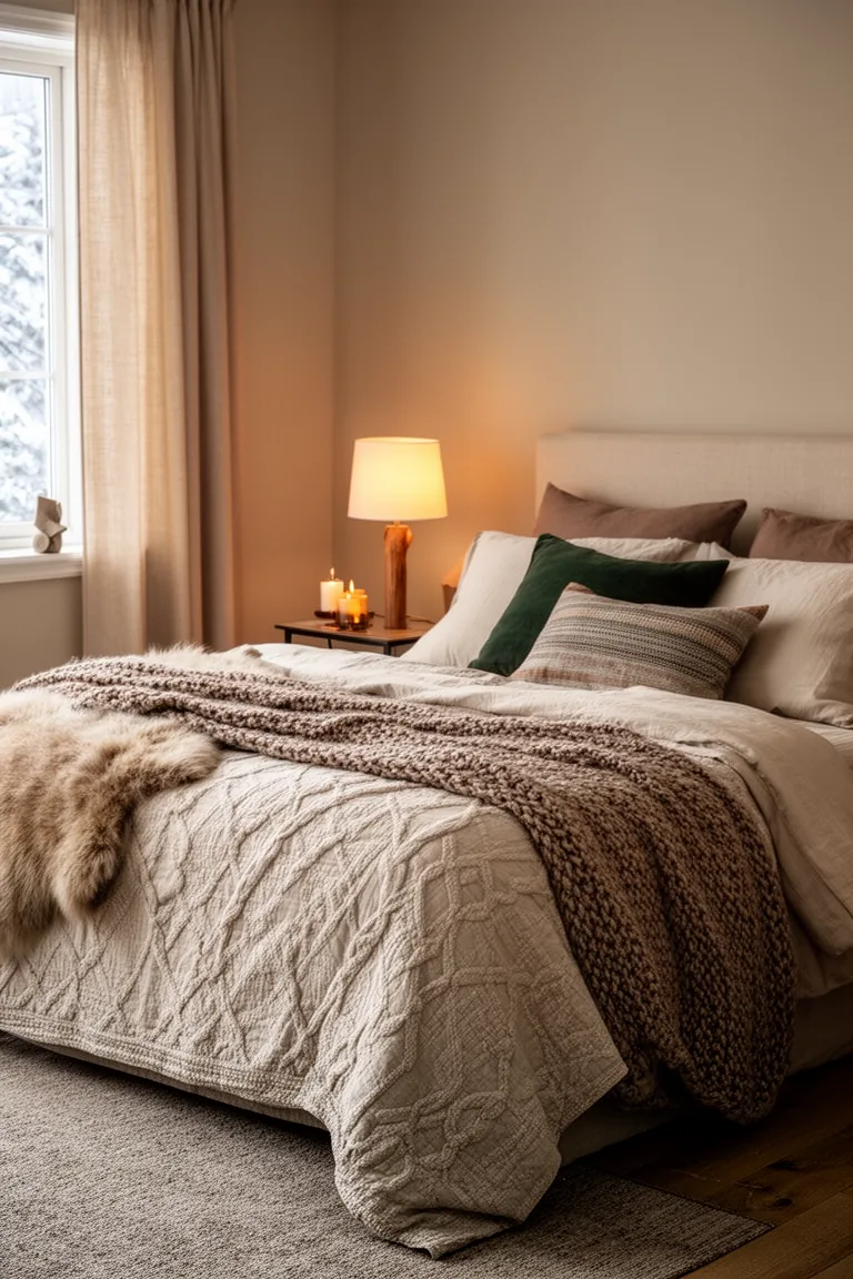 Calm hotel-cozy bed in oatmeal with a duvet, quilt and mixed pillows
