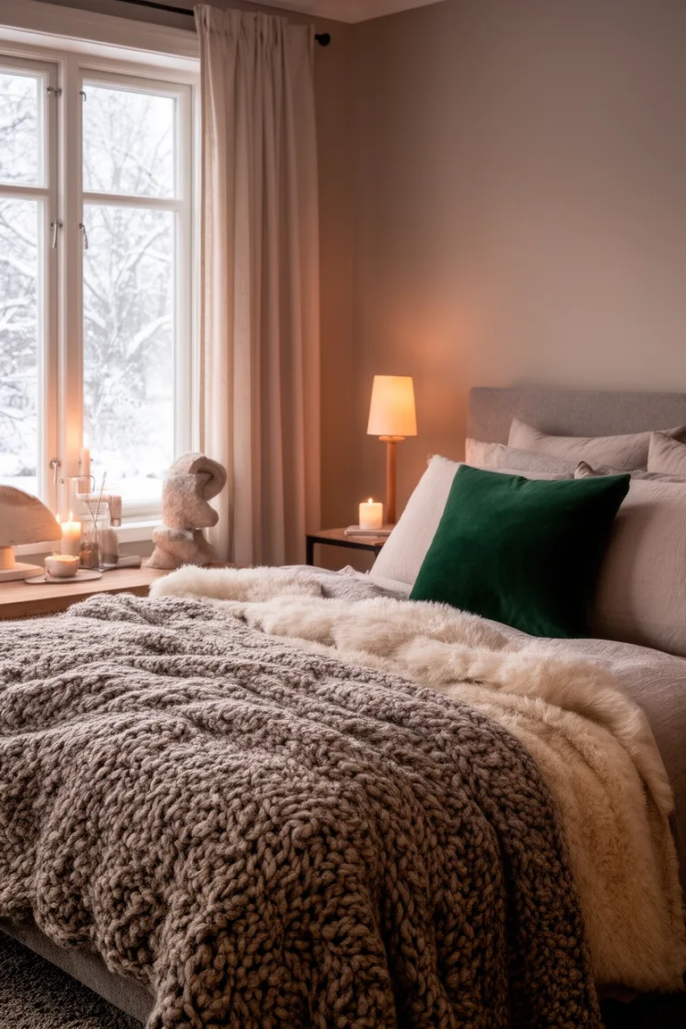 Serene bedroom in taupe and oatmeal with a deep green accent cushion