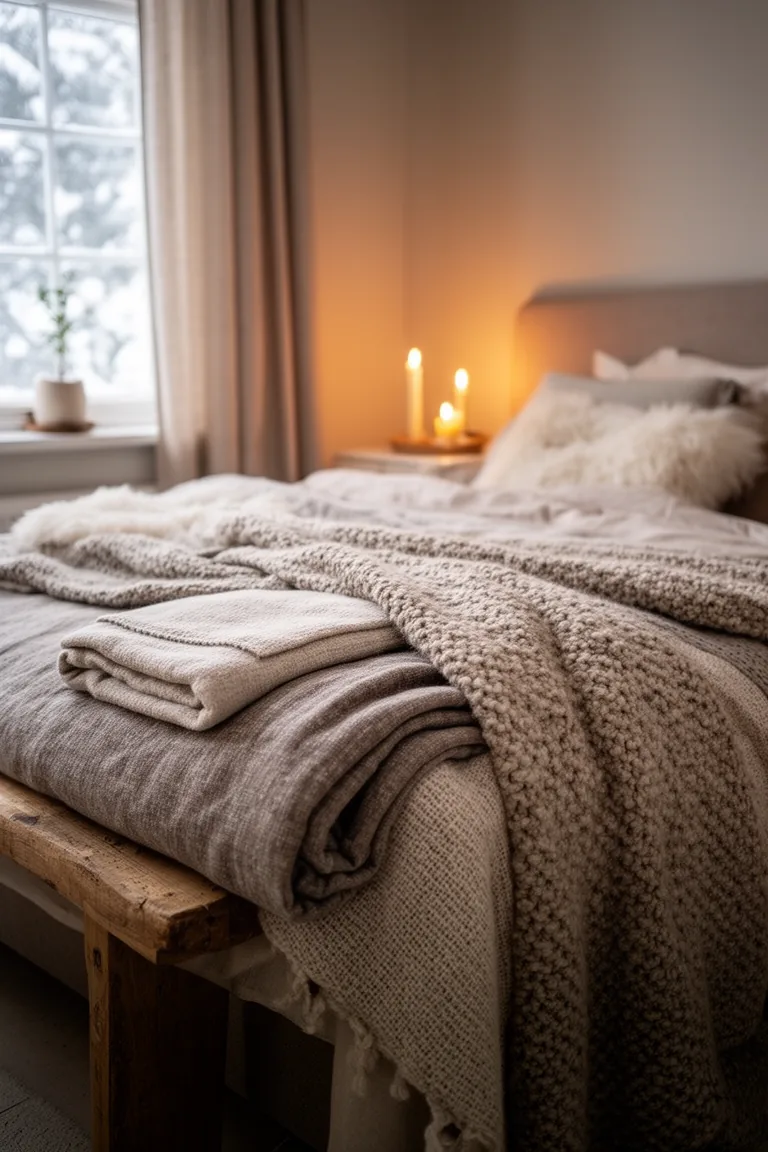 Layered bed end with a folded flannel throw and chunky knit blanket