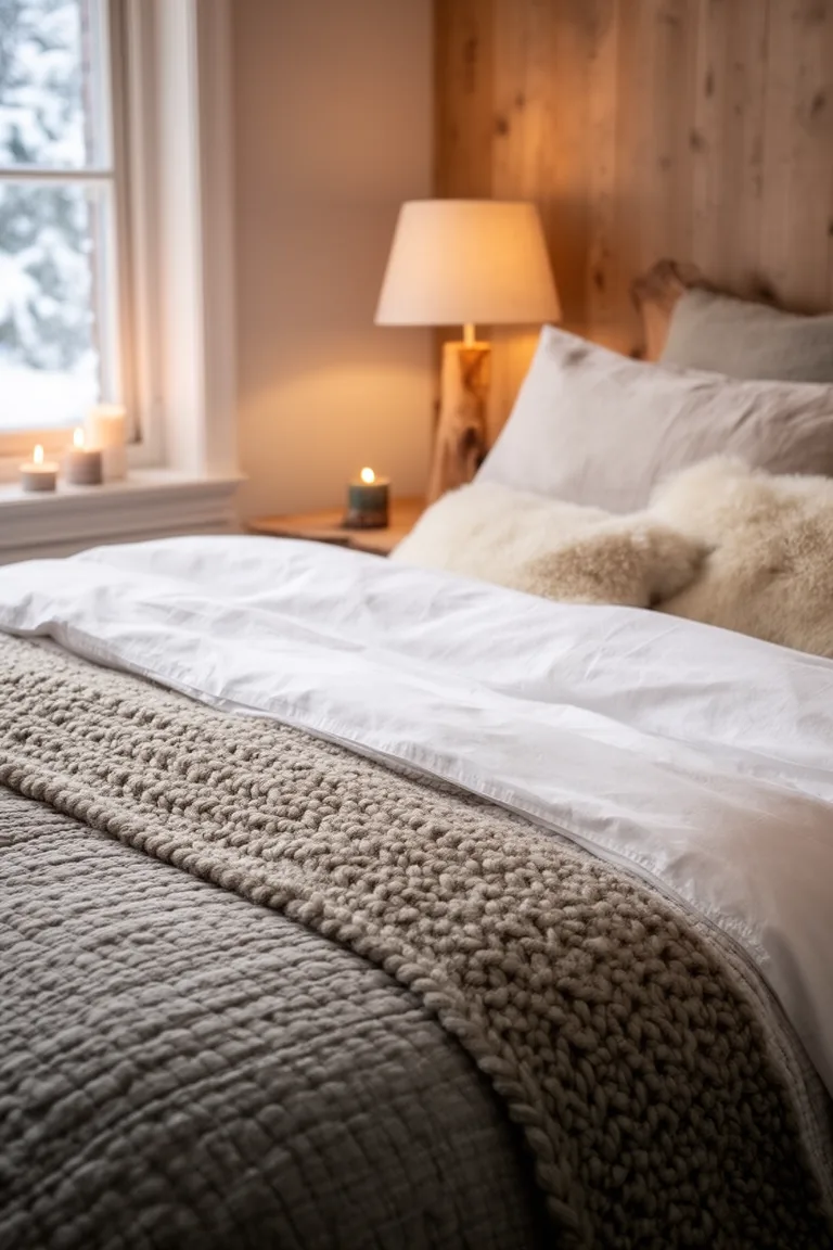 Closeup of crisp percale bedding and a quilted texture in soft neutrals