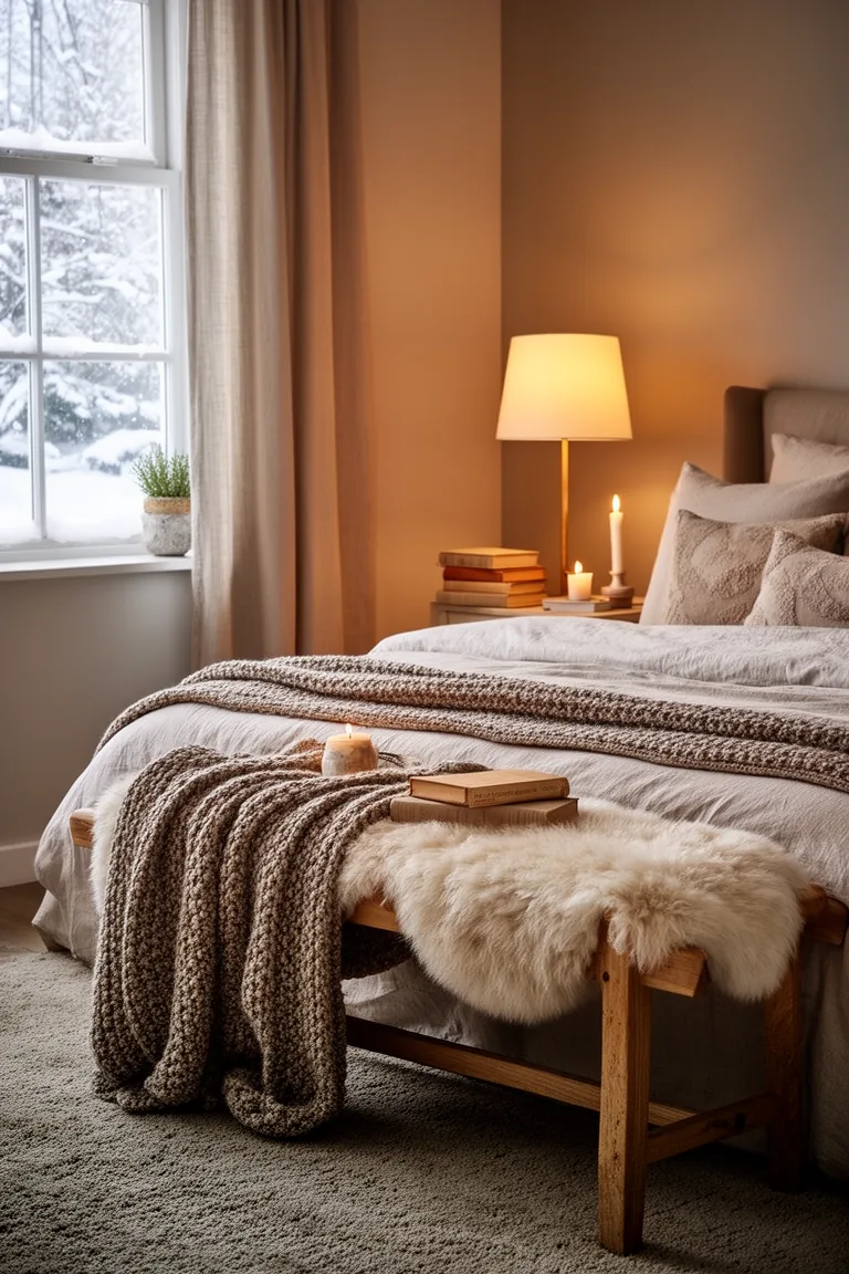 Tranquil winter bedroom corner with a warm lamp and soft throw on a bench
