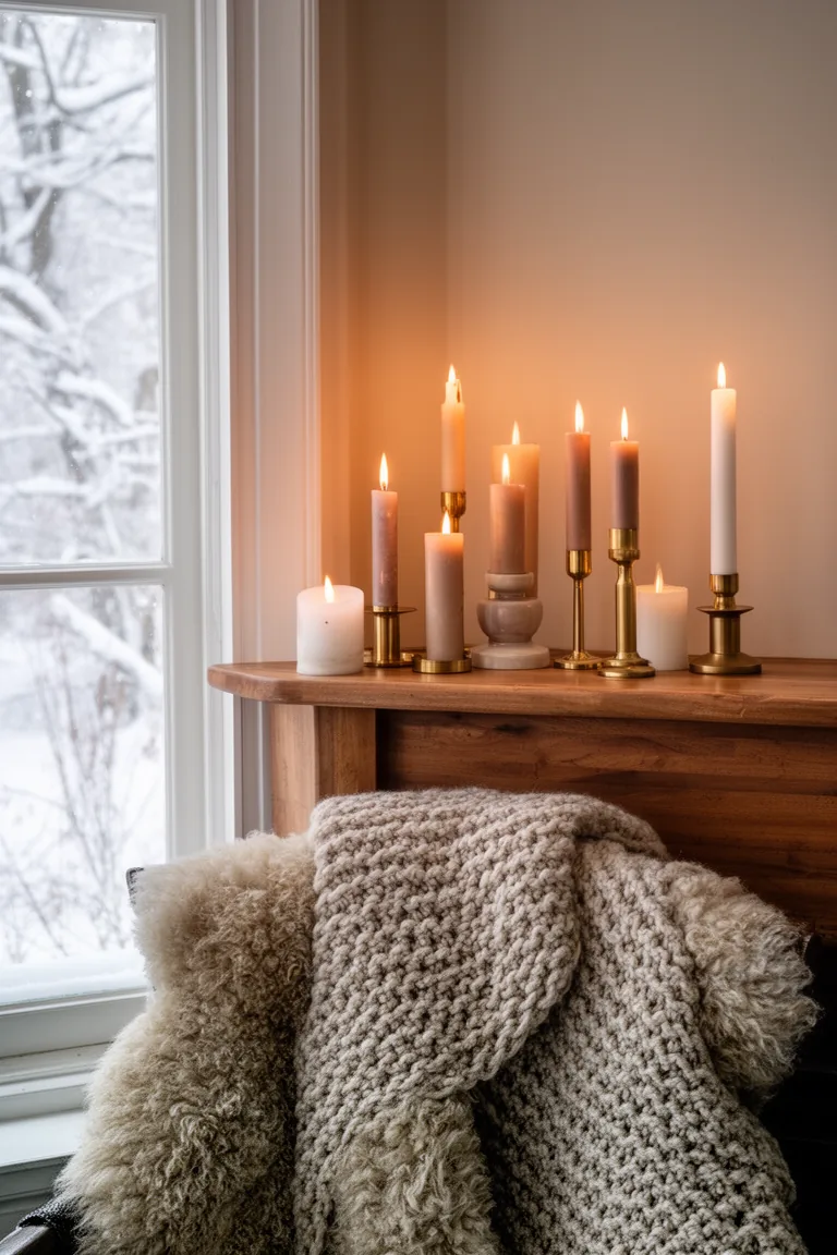 Cluster of pillar and taper candles at varied heights on a wood mantle