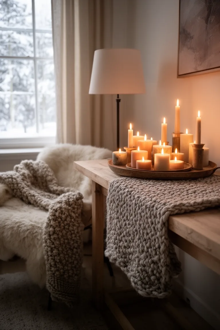 Tray of tea lights and tapers glowing on a console with a knit runner