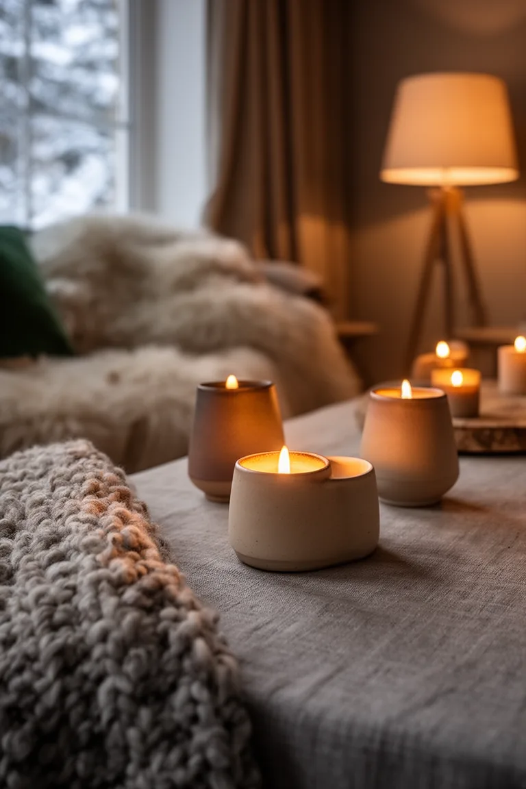 Closeup of candlelight reflecting off ceramic holders and linen