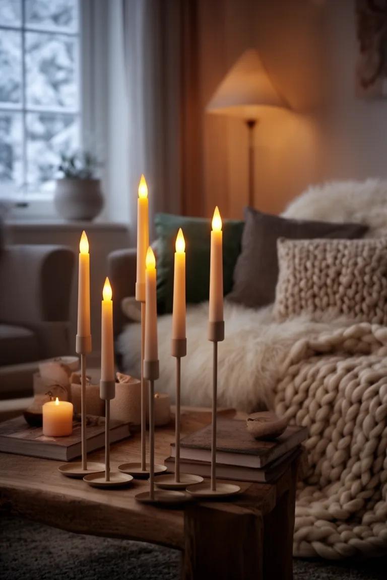 Flameless LED tapers in tall holders giving a warm evening glow