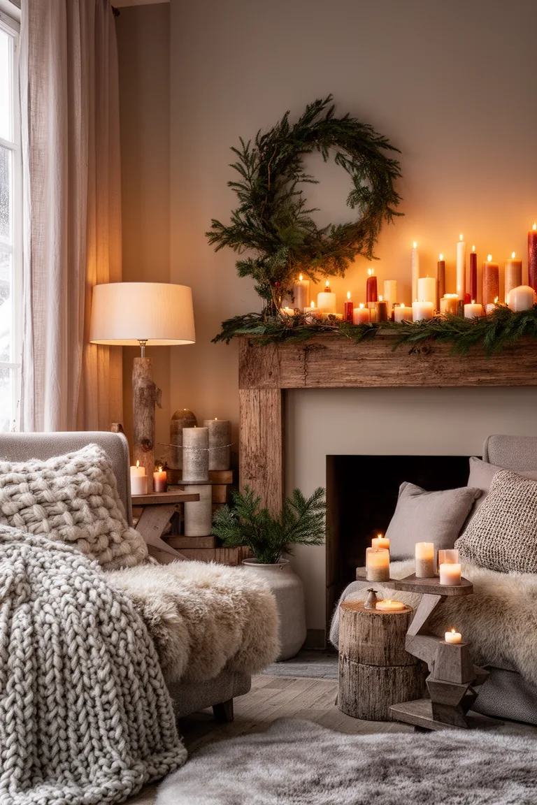 Mantle styled with greenery and mixed candles casting a soft glow