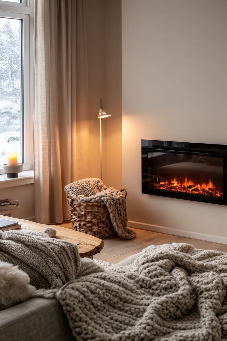 Wall-mounted electric fireplace with ember glow beside a basket of blankets
