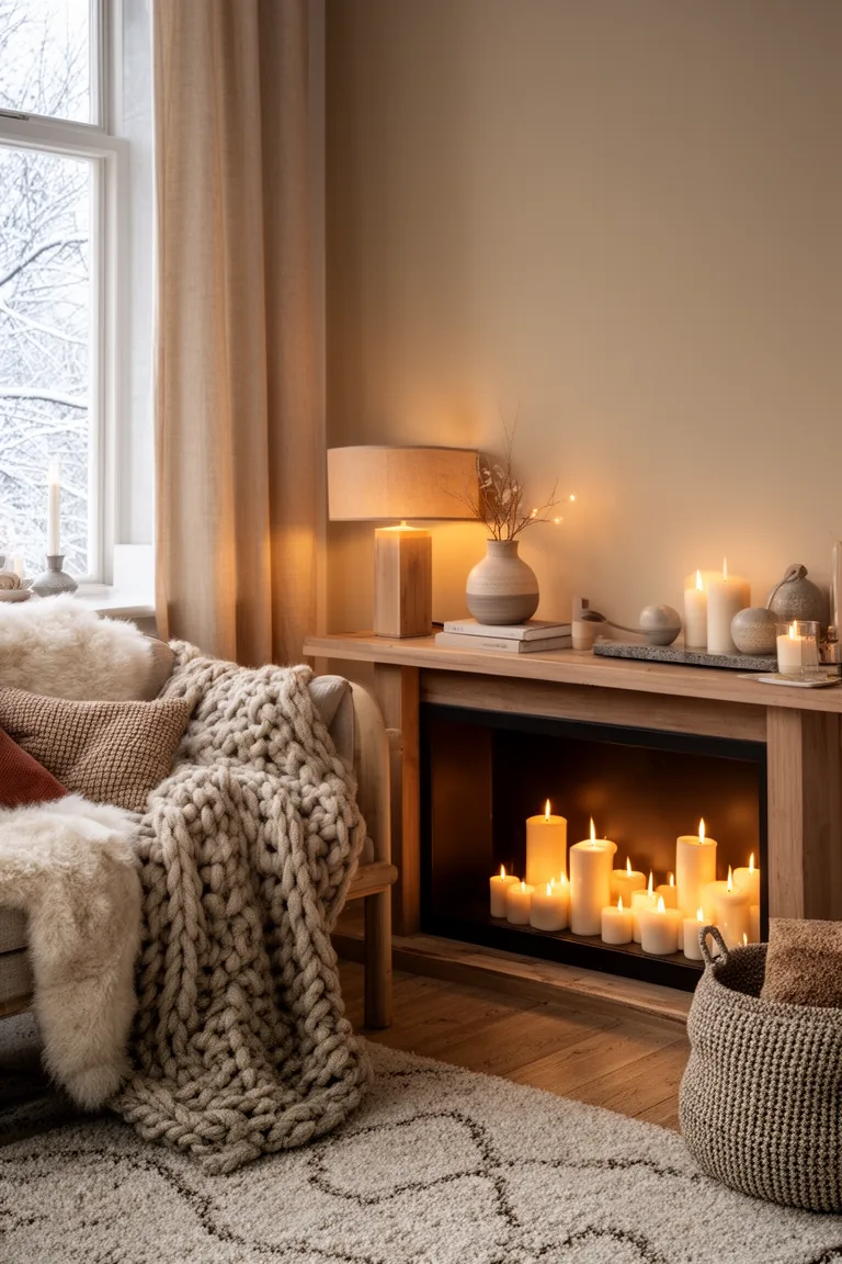 Candle hearth, a firebox of pillar candles creating a flickering effect
