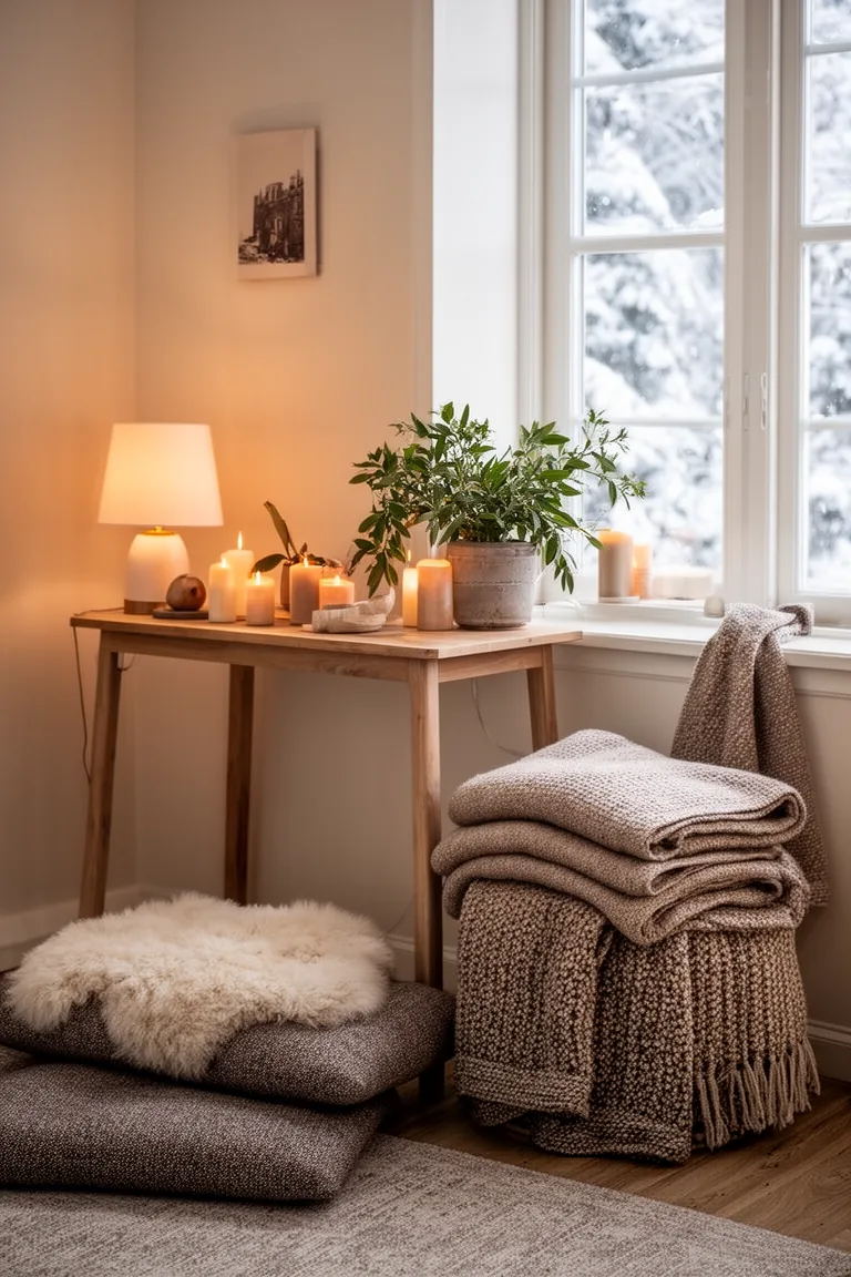Console styled with greenery and candles beside a low floor cushion