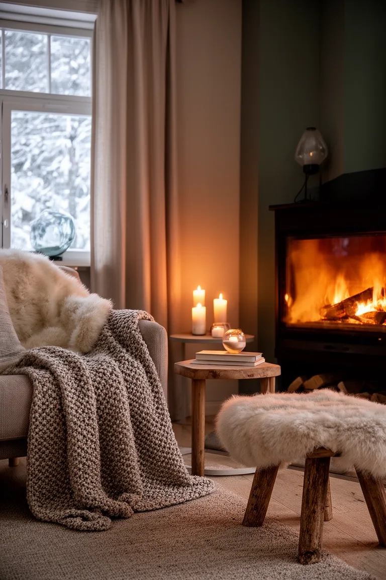 Cozy evening living room with a warm fireplace glow and soft blankets