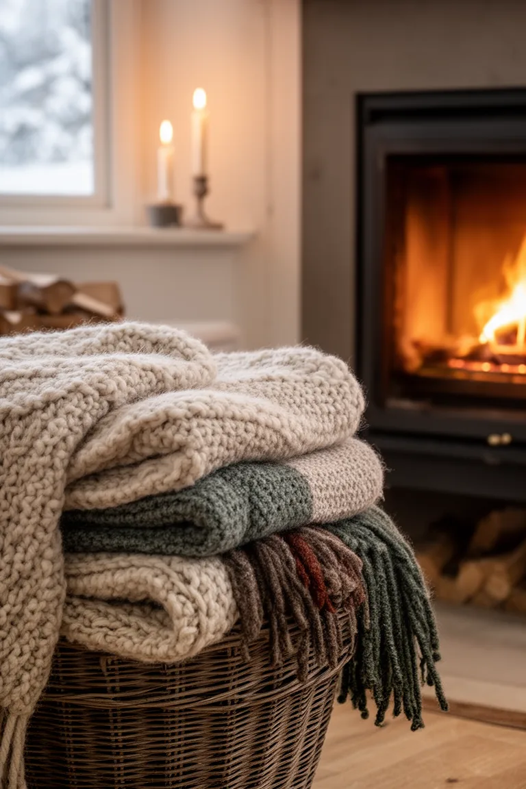 Closeup of a basket stacked with wool and knit blankets near a hearth