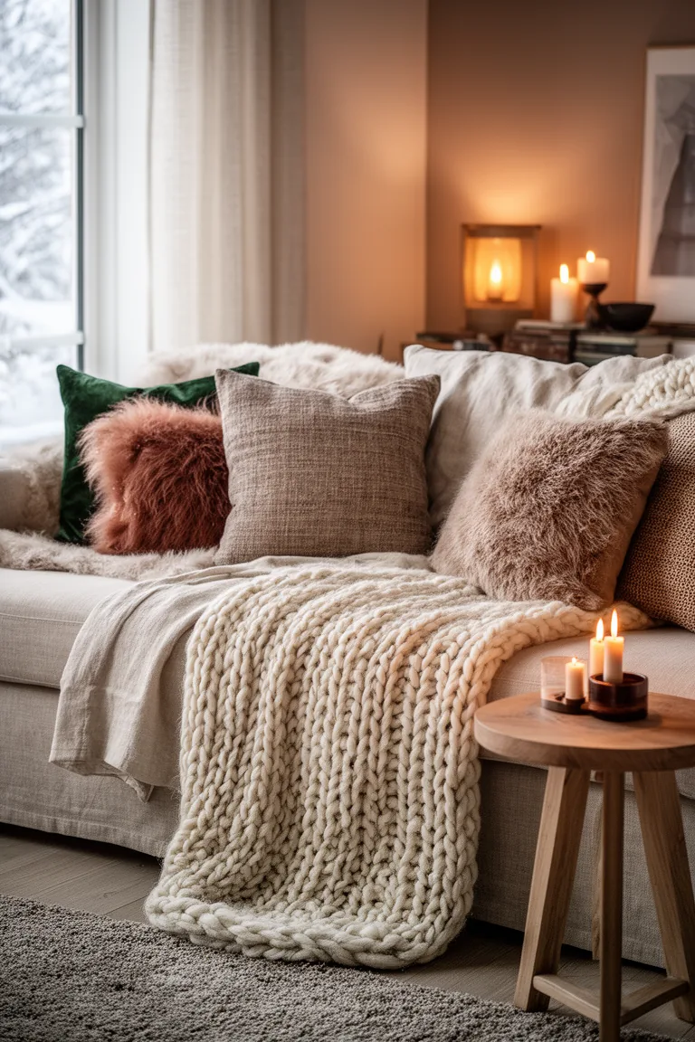 Linen sofa layered with a chunky knit throw and mixed-texture pillows