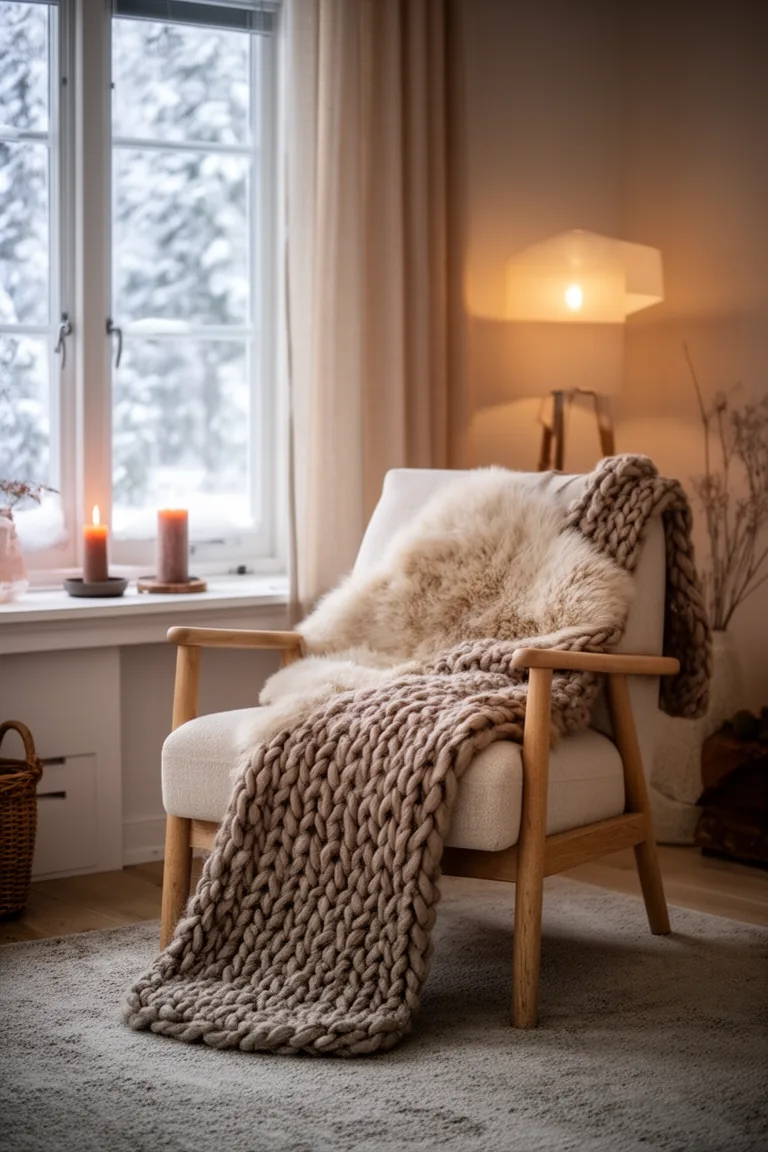 Soft sheepskin draped over an oatmeal accent chair