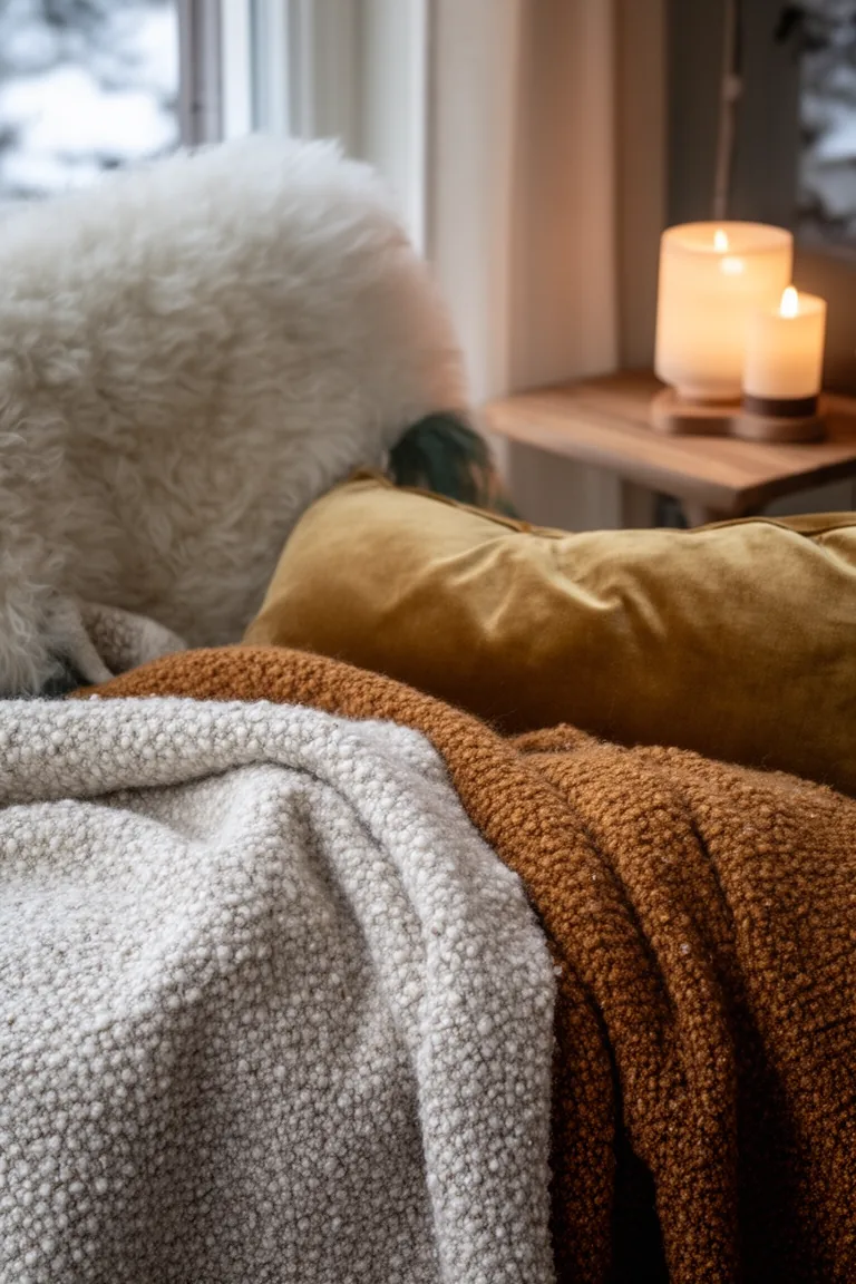 Closeup of layered wool, boucle and velvet textiles in warm neutrals