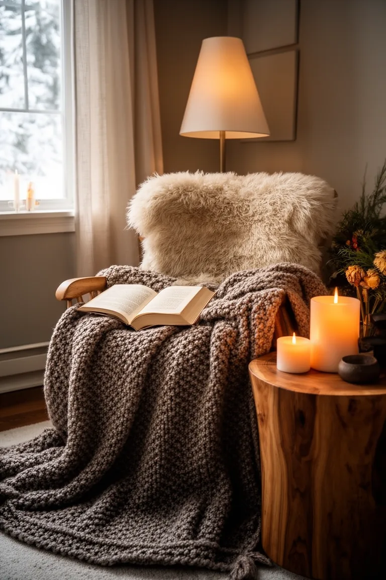 Cozy corner with a knit blanket pooled on a chair and wood side table