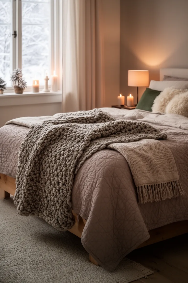 Bed end styled with a chunky knit throw and quilted texture in taupe
