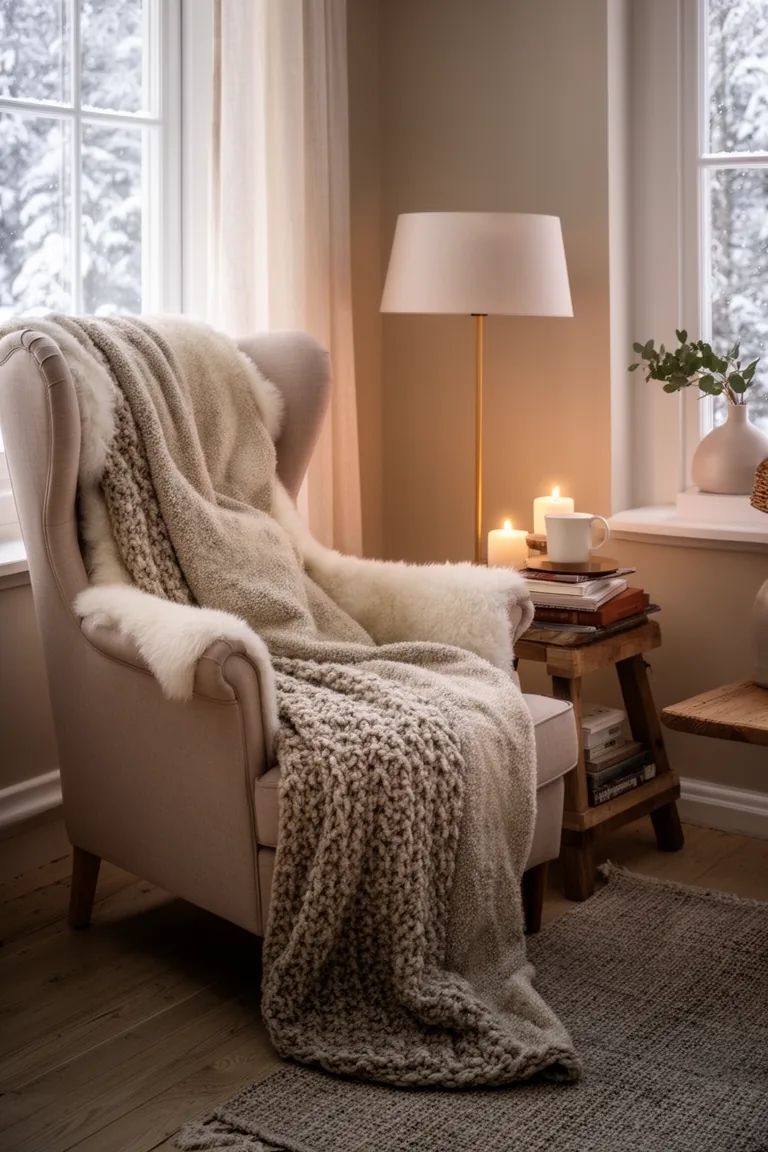 Reading nook with a high-back armchair, throw and a wood side table