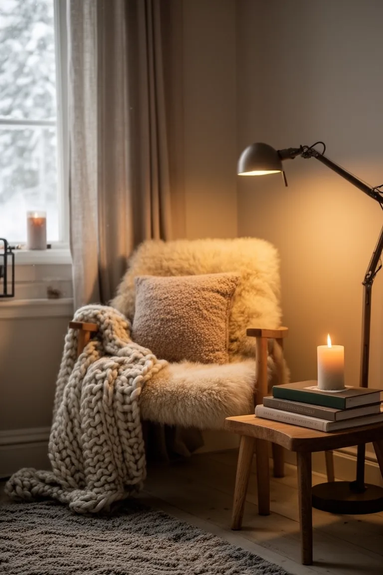 Warm task lamp over an inviting chair and a small stack of books