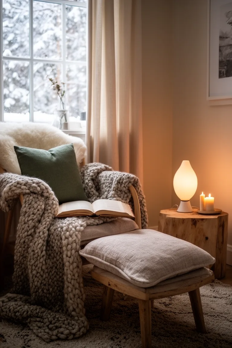 Window-side reading corner with a cushioned chair and footstool