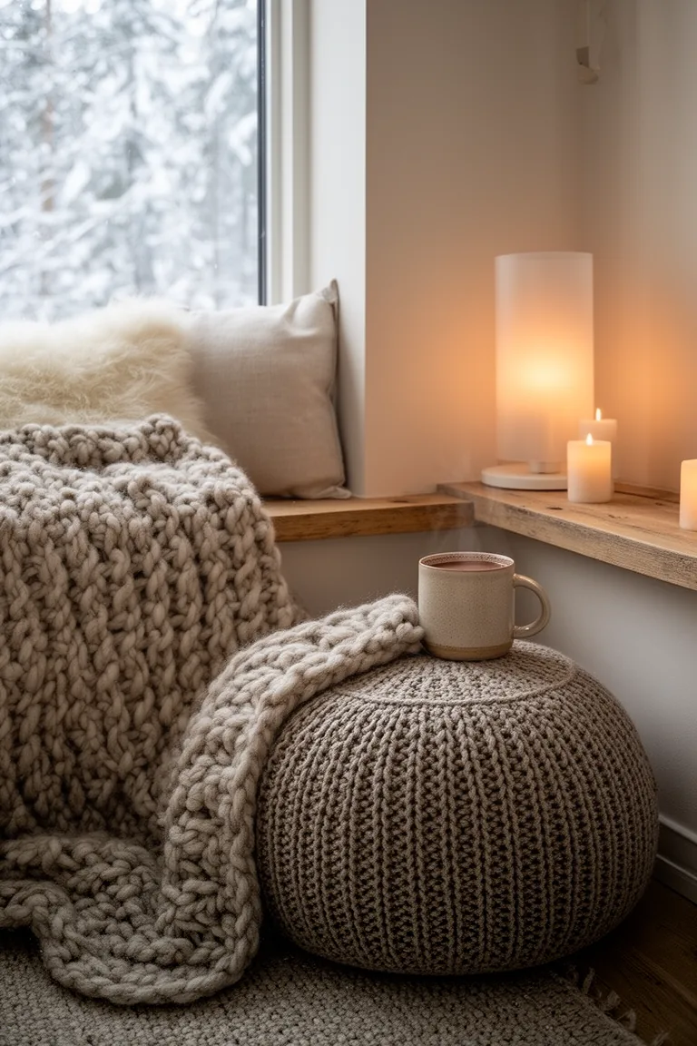 Snug corner nook with a knit blanket, pouf and a mug of cocoa
