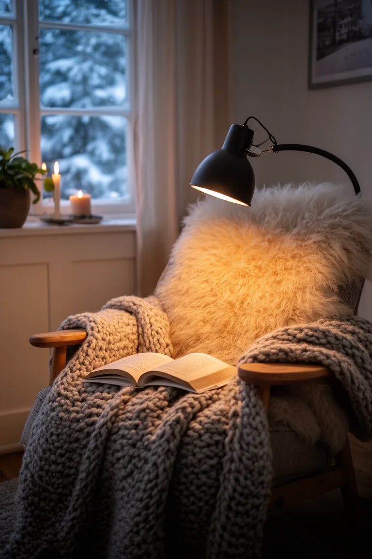 Calm evening reading vignette with a dimmed lamp and open book