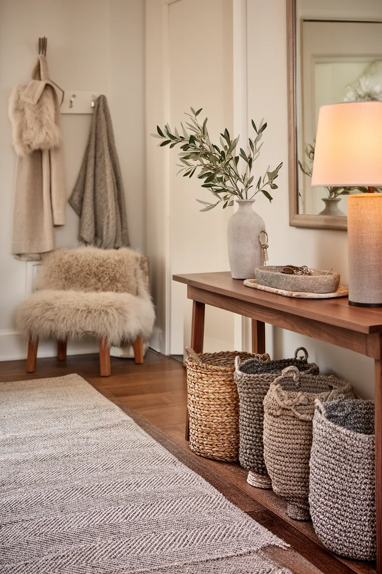 Neutral entryway with herringbone runner, woven baskets and olive branch
