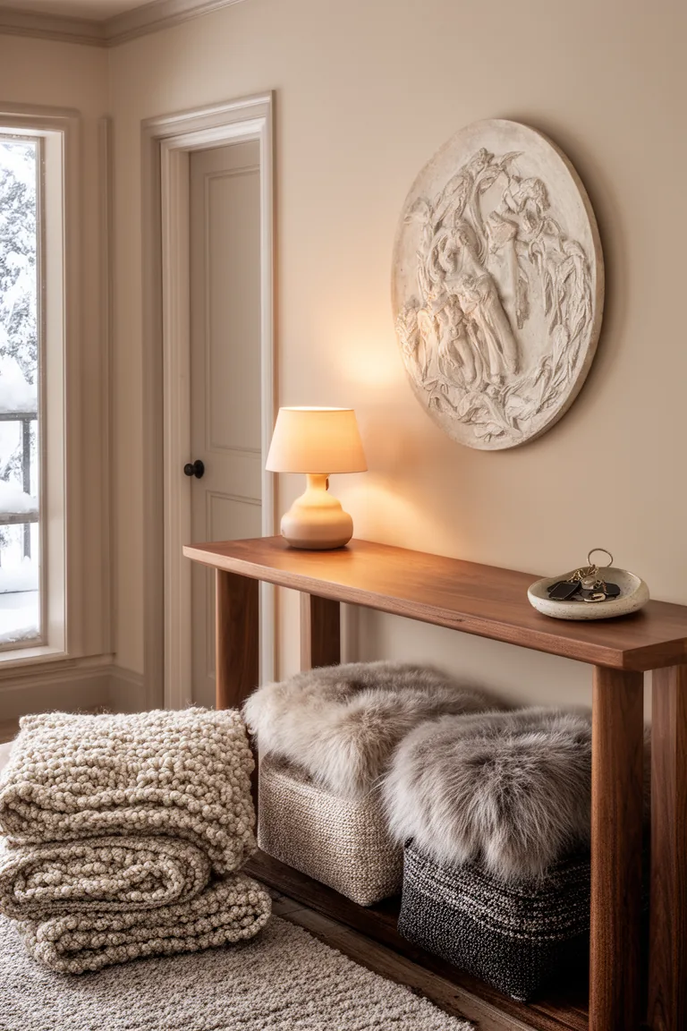Console table with plaster relief, soft lamp and ceramic key dish