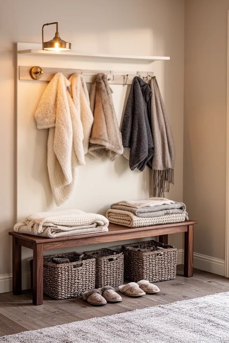 Woven baskets under an entry bench with folded neutral throws