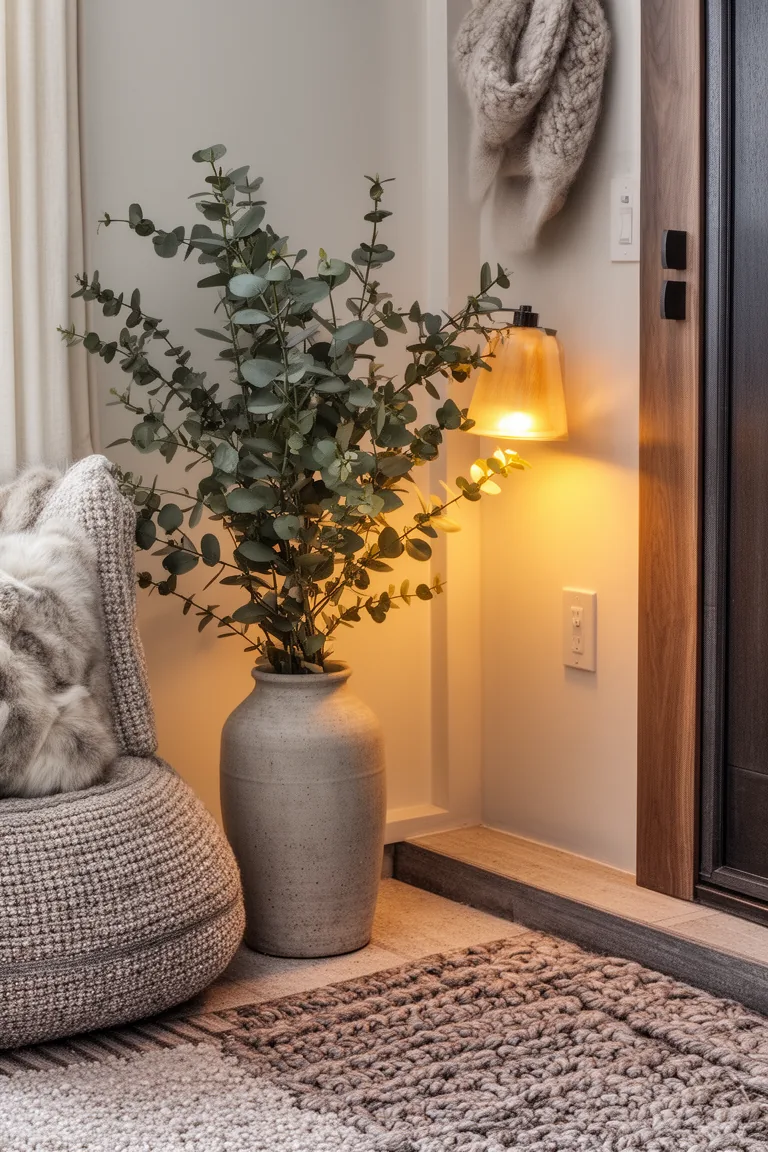 Welcoming entry corner with eucalyptus branch and warm lamp glow