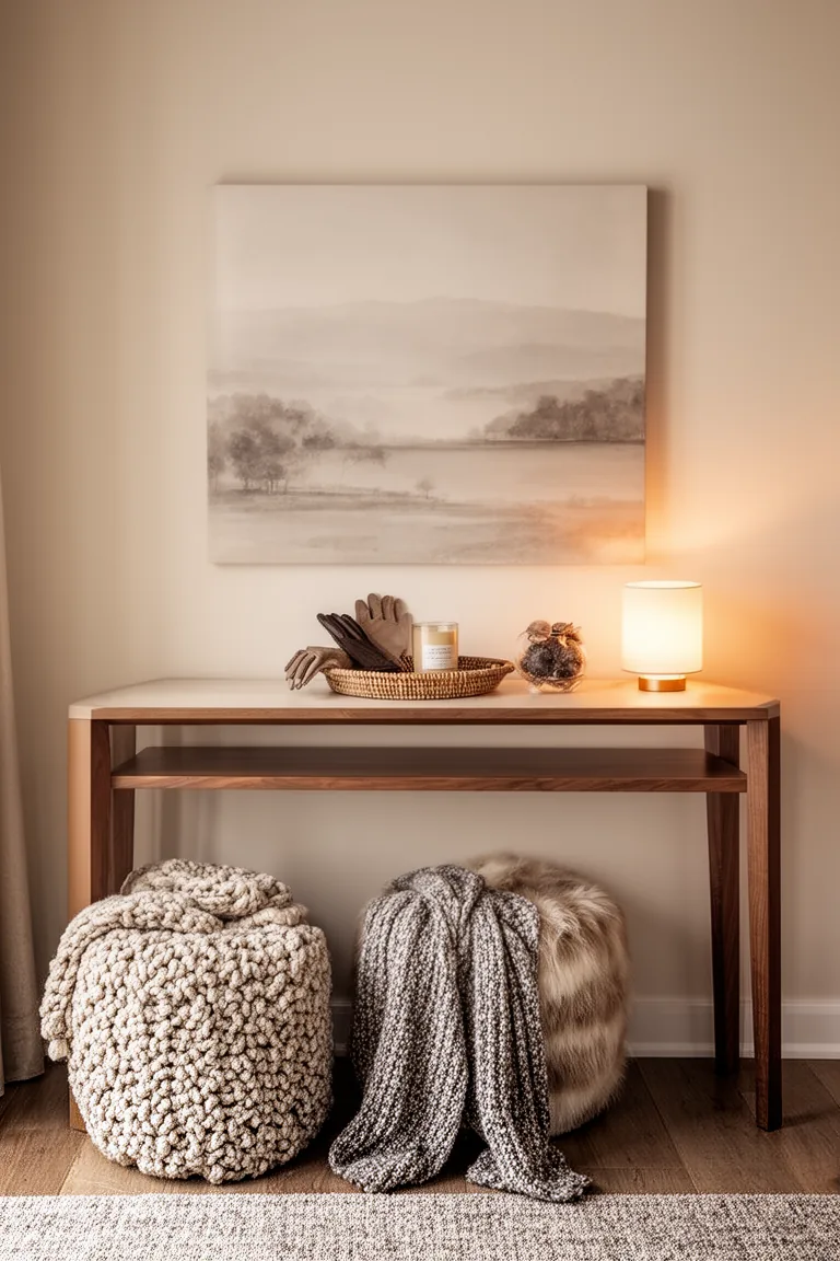 Minimal entry wall with tonal print, console and woven tray