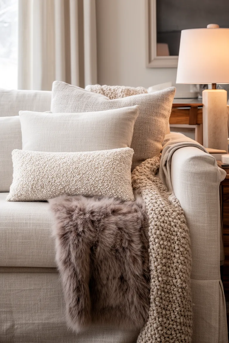 Layered neutral winter textiles on a linen sofa in cream and taupe