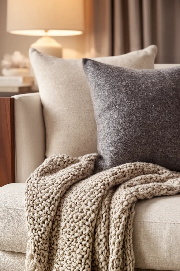 Chunky knit oatmeal throw and felted wool pillow on a sofa arm