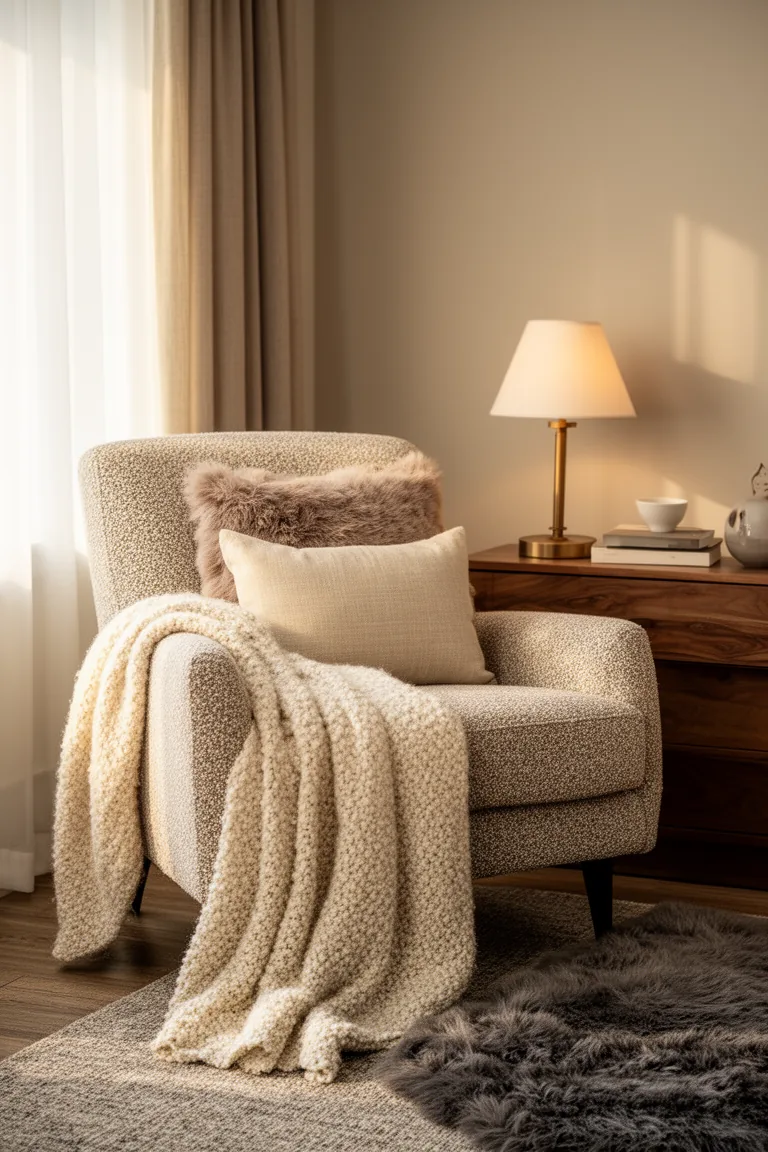 Boucle armchair with cream wool blanket in a cozy winter nook