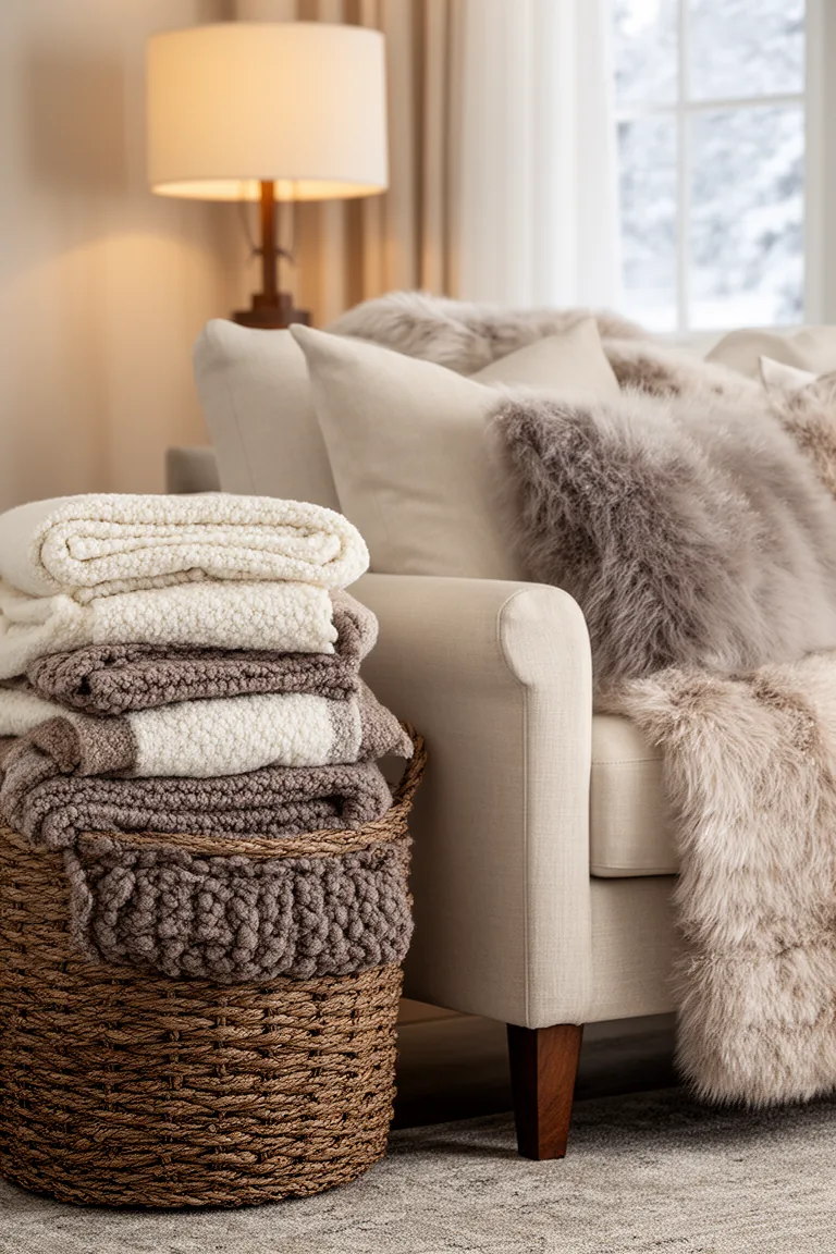 Stack of folded neutral throws in a woven basket beside a sofa
