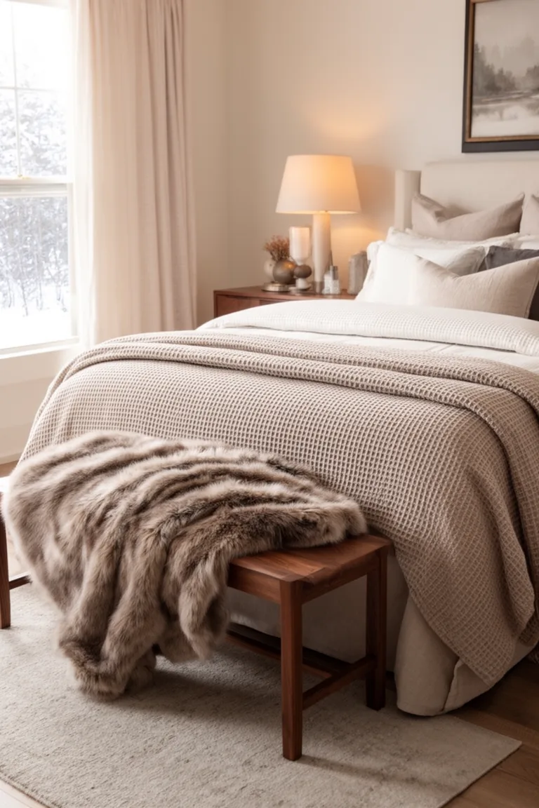 Tonal bench layered with waffle linen and faux fur throws