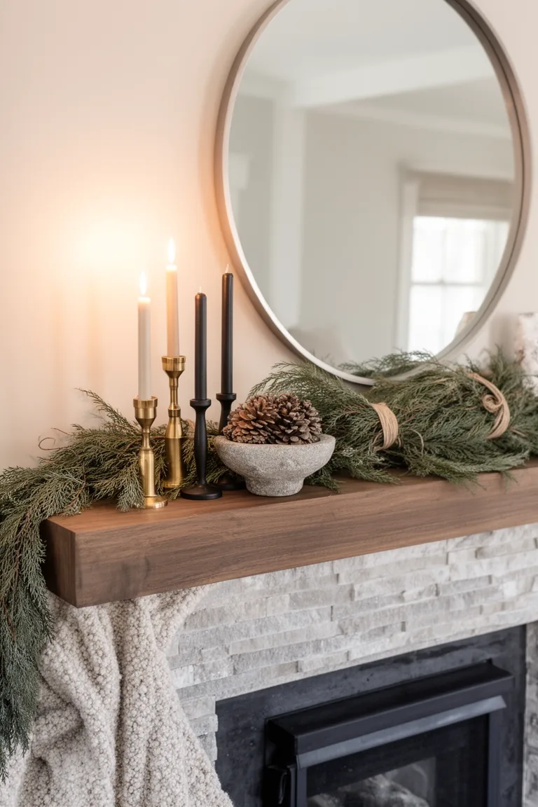 Neutral luxe mantel with round mirror, cedar garland and candlesticks