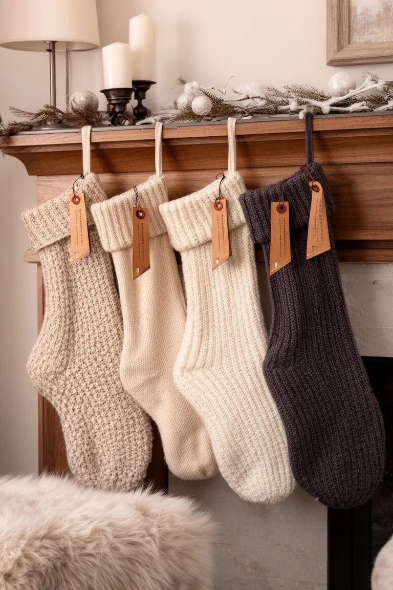 Cream and oatmeal knit stockings with wood tags on a mantel