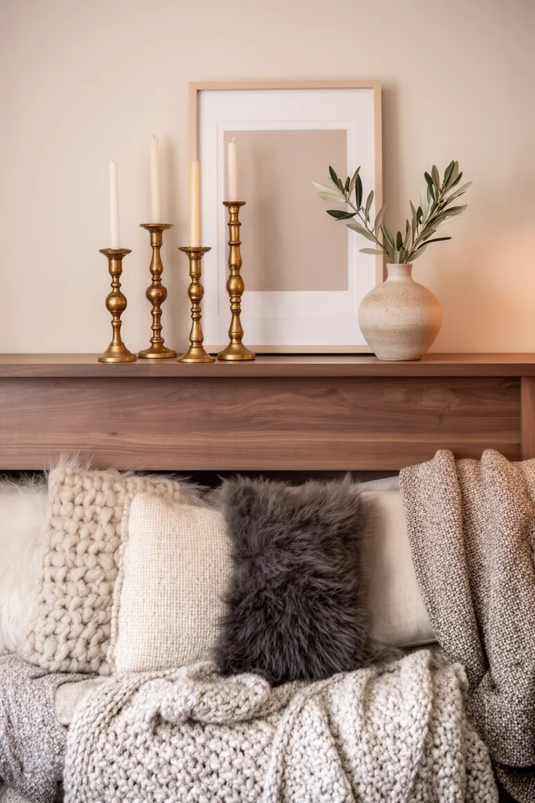 Mantel with brass candlesticks, tonal art and an olive branch vase