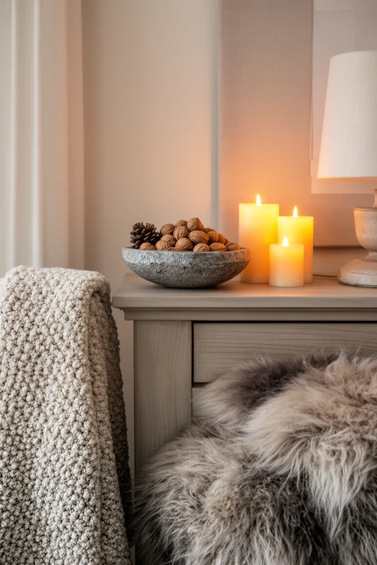 Minimal mantel with stone bowl of walnuts and pillar candles