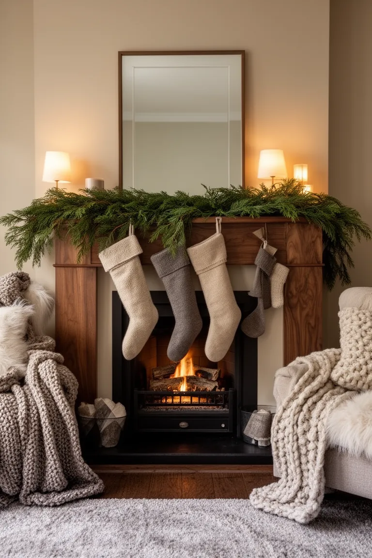 Cozy mantel layered with cedar garland and neutral stockings