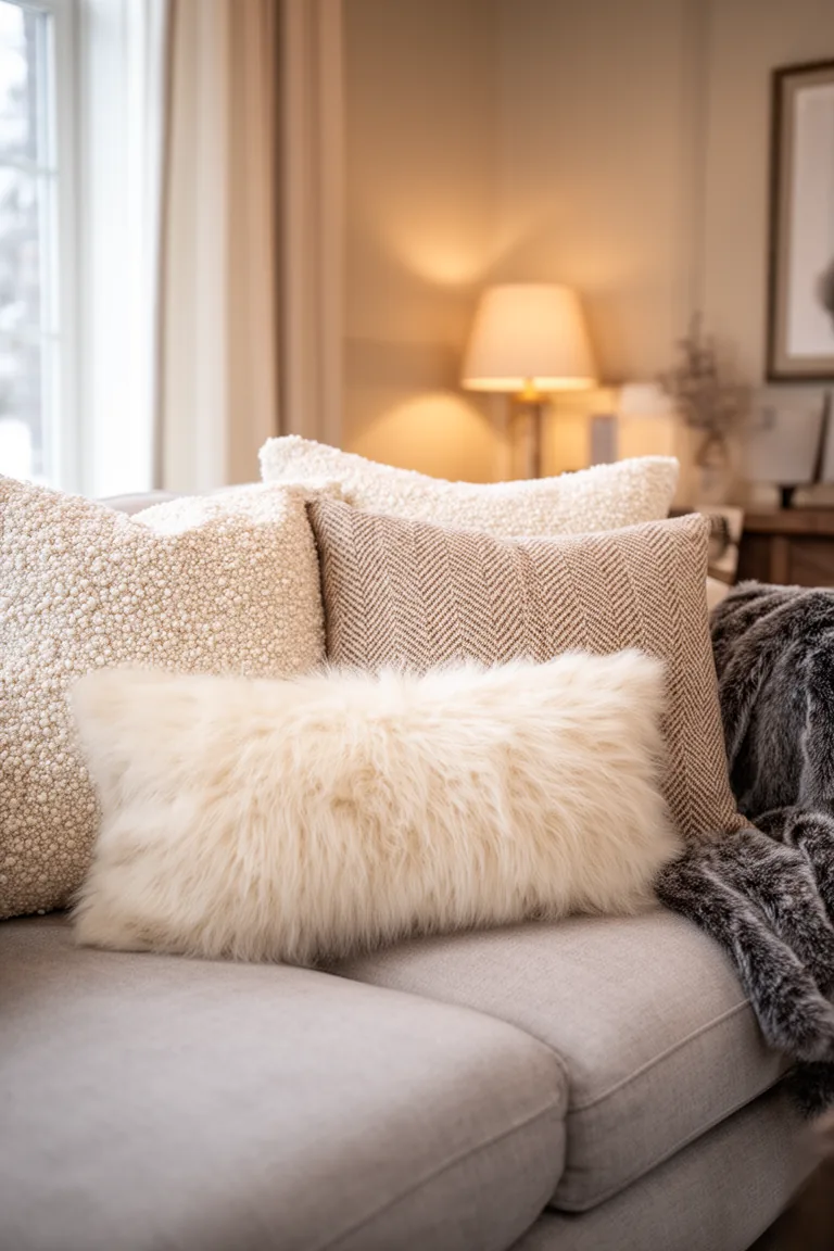 Sofa styled with layered neutral pillows in cream beige and taupe