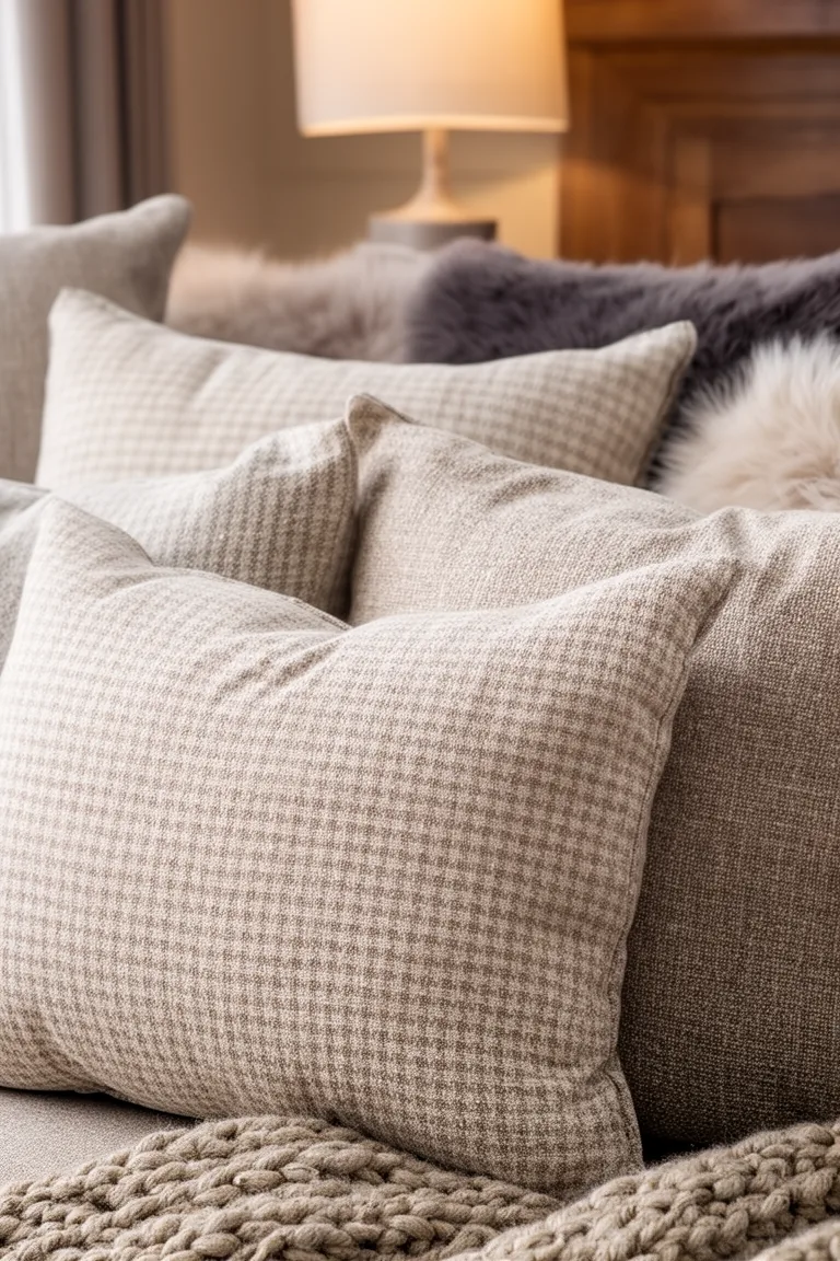 Closeup of plush neutral patterned throw pillows in oatmeal and sand