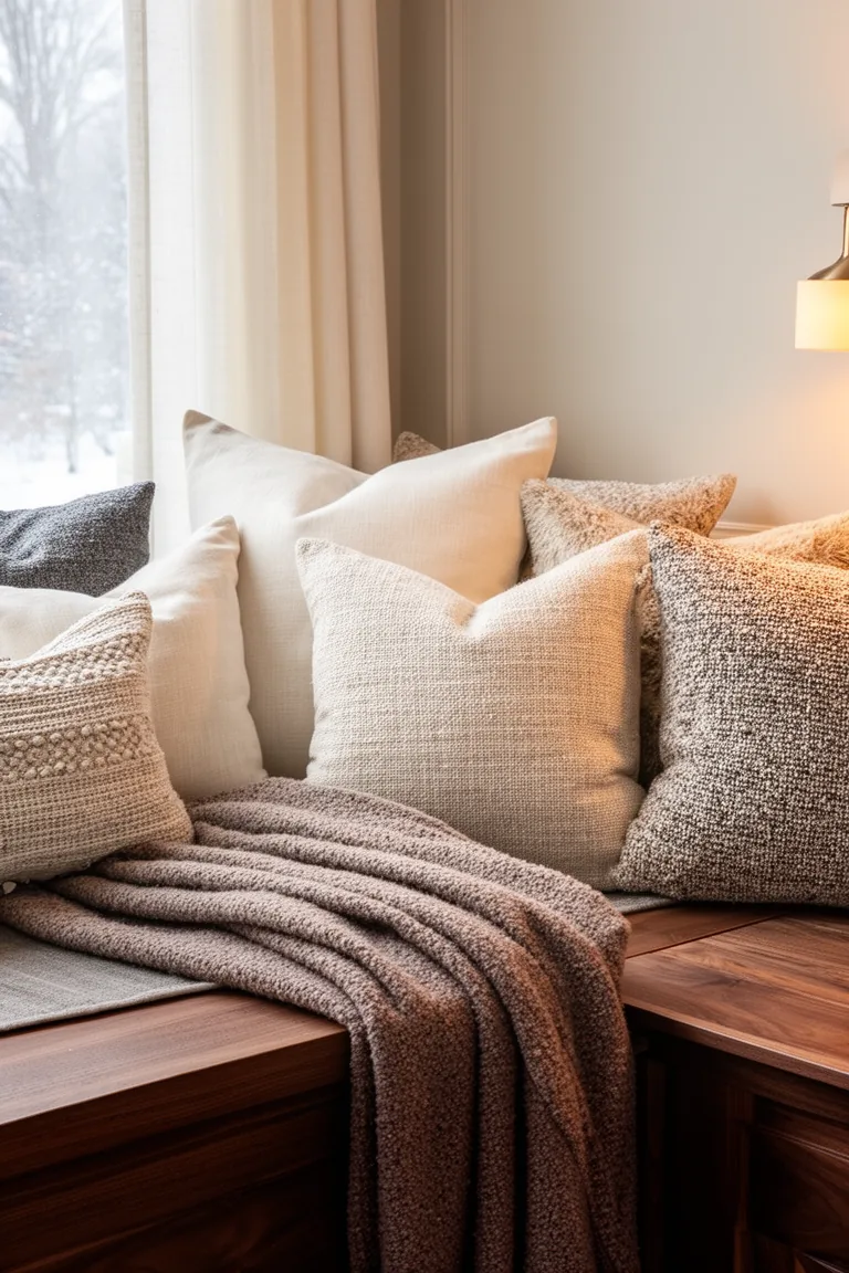 Window bench piled with cream linen and woven wool pillows