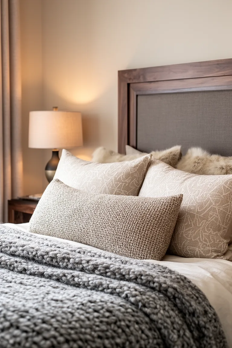 Tonal bed pillow arrangement with euro pillows and a boucle lumbar