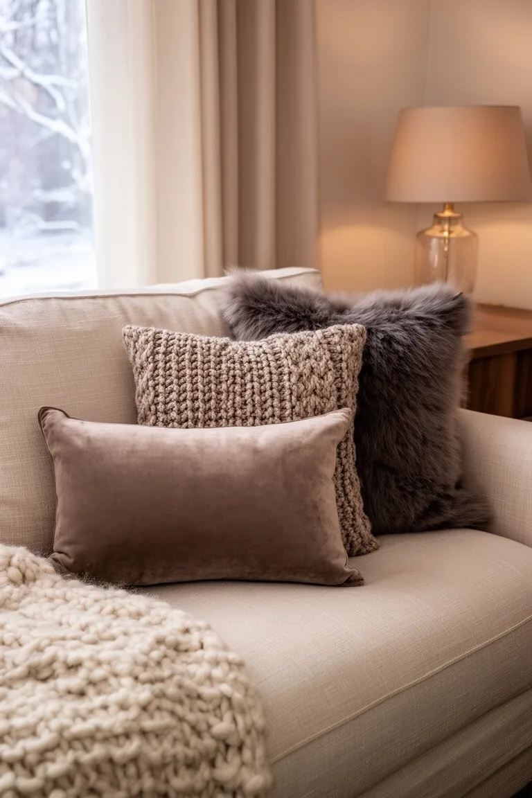 Sofa corner with velvet and chunky knit pillows in warm neutrals